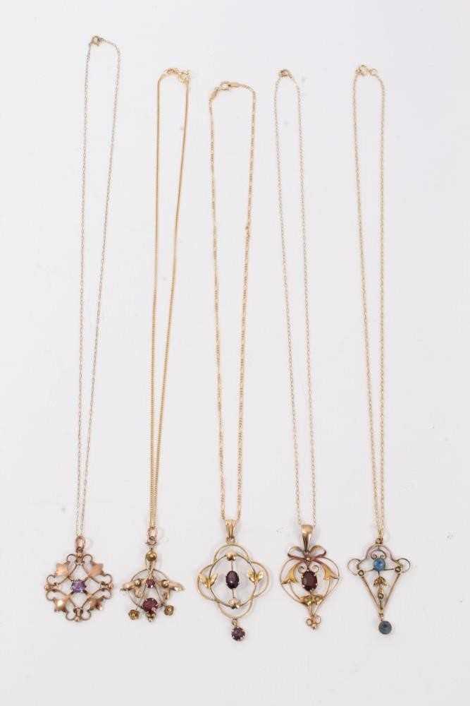 Five Edwardian 9ct gold gem set open work pendants on 9ct gold chains - Image 2 of 6