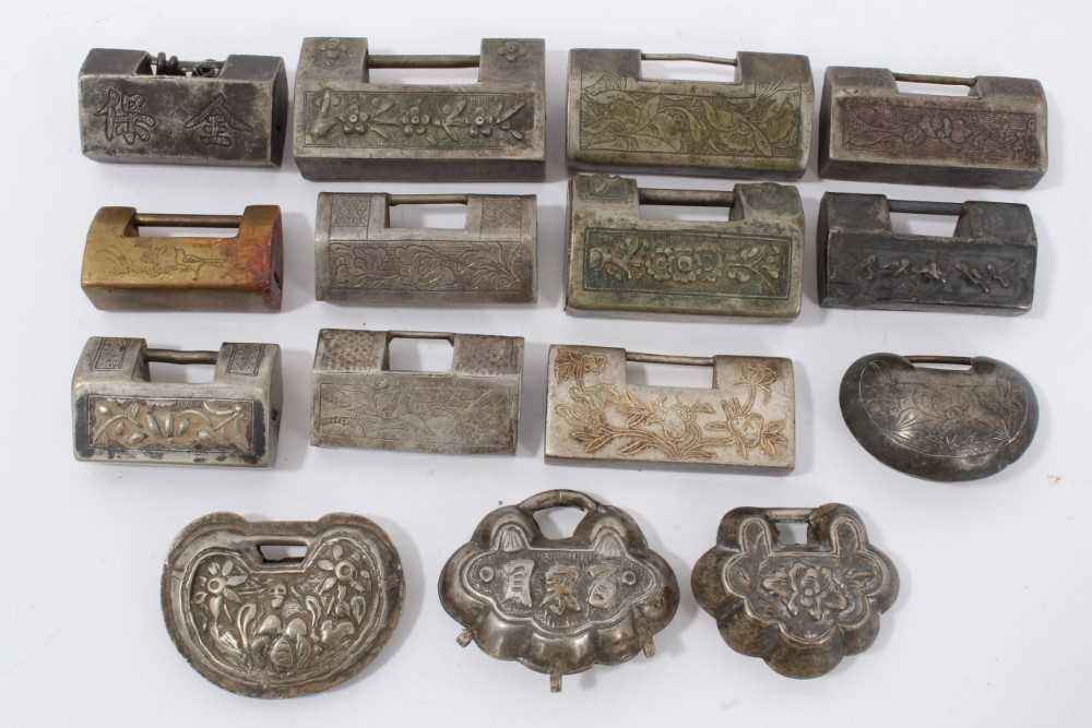 Collection of 15 Chinese silver, white metal and brass padlock style pendants