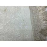 Antique Chinese silk embroidered shawl, parasol and furs including white ermine capelet.