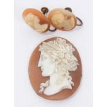 19th century carved shell cameo and pair cameo screw back earrings