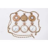 Six gold plated pocket watches and gold plated fob chain