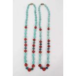 Two turquoise, coral and cloisonné bead necklaces