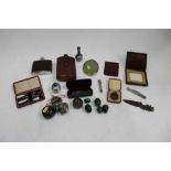 Group of mixed vertu items to include malachite eggs, Serpentine specemins and leather cased manicur