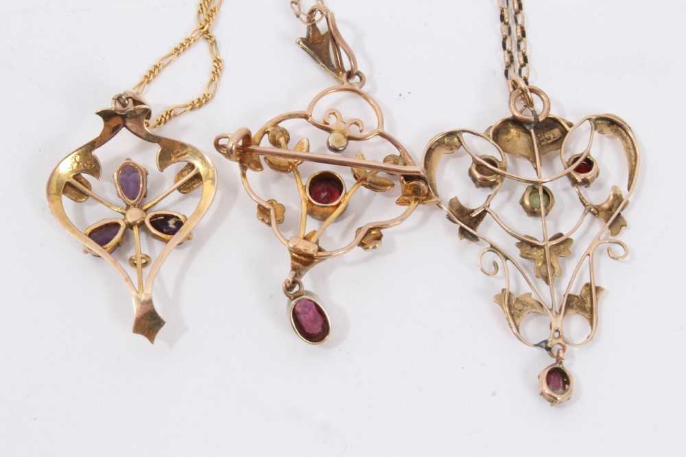 Three Edwardian 9ct gold seed pearl and gem set open work pendants on 9ct gold chains - Image 4 of 4