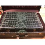 Vintage Luggage - Pair of 1950s American green simulated crocodile skin suitcases