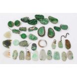Group Chinese green hardstone/ jade pendants, screw back earrings and carvings