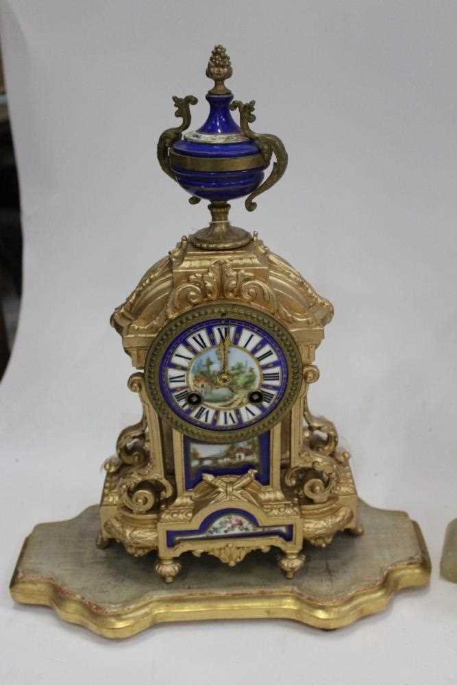 Three French mantel clocks, including an ormolu and onyx figural example, an ormolu and spelter cher - Image 2 of 10