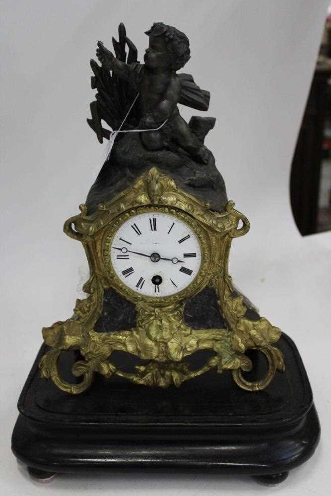 Three French mantel clocks, including an ormolu and onyx figural example, an ormolu and spelter cher - Image 4 of 10