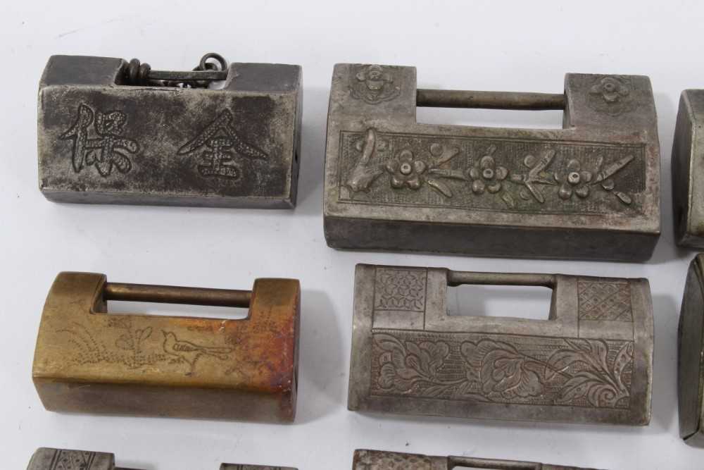 Collection of 15 Chinese silver, white metal and brass padlock style pendants - Image 2 of 9