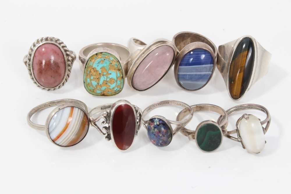 Ten silver and white metal semi precious gem stone rings