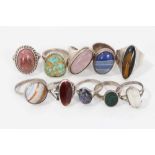 Ten silver and white metal semi precious gem stone rings