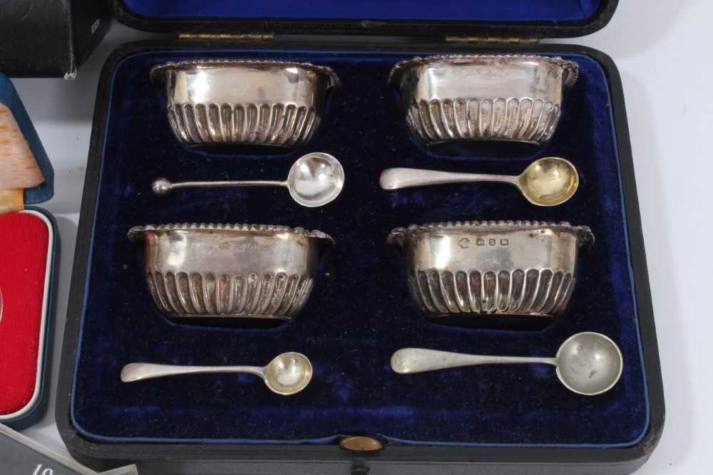 Set four silver salts in fitted case, 1977 Silver Jubilee coin, other coins and glass sugar bowl in - Image 2 of 3