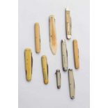 Group of nine various 19th Century and later pen knives / pocket knives with ivory and ivorine grips