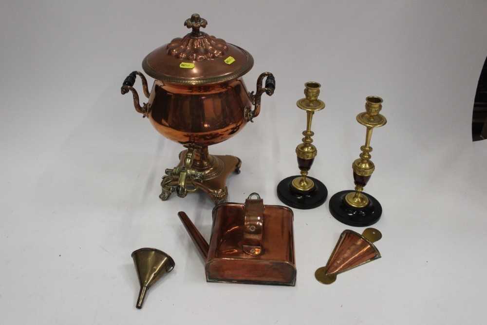 Antique Copper Samouvar together with a pair of candlesticks, and copper items