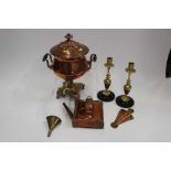 Antique Copper Samouvar together with a pair of candlesticks, and copper items