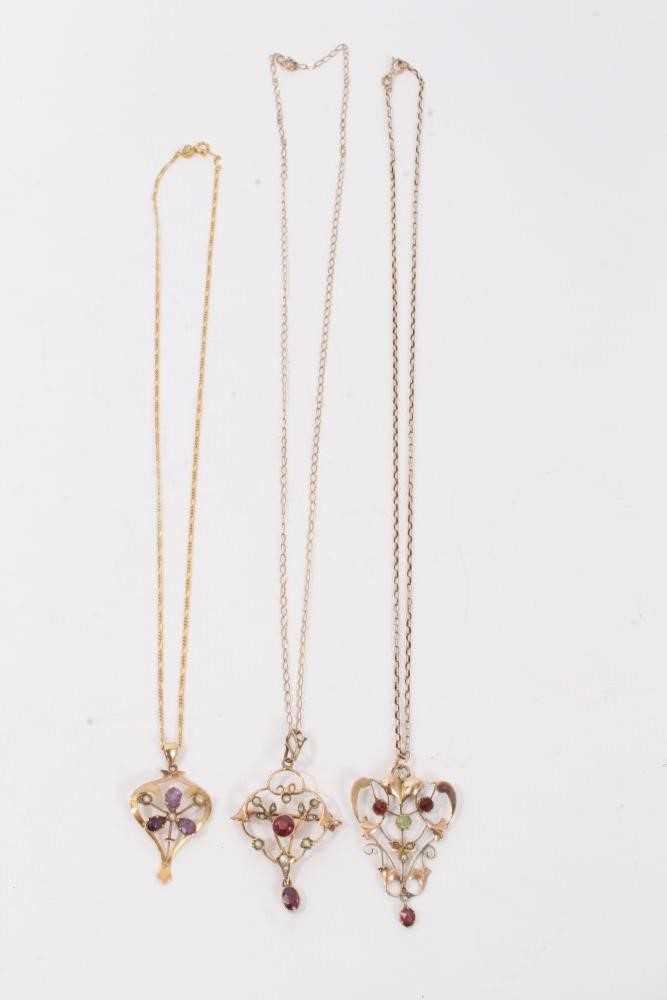 Three Edwardian 9ct gold seed pearl and gem set open work pendants on 9ct gold chains - Image 2 of 4