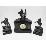 Antique slate and marble clock garniture, decorated with shelter figures of rearing horses, the dial