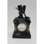 Antique slate mantel clock with a figure of Father Time, together with a slate and marble mantel clo