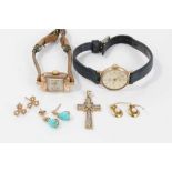 Two 9ct gold cased wristwatches, 9ct gold diamond set cross pendant and three pairs 9ct gold earring