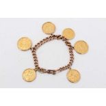 Rose gold link bracelet with three gold sovereigns, two gold half sovereigns and one gold Austrian d