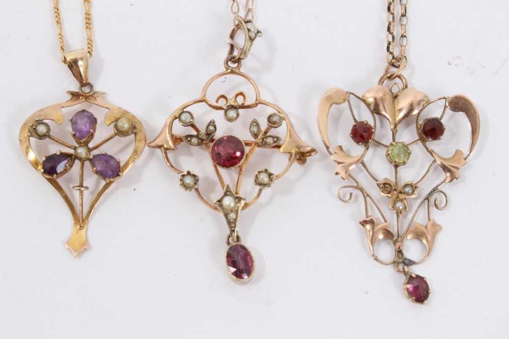 Three Edwardian 9ct gold seed pearl and gem set open work pendants on 9ct gold chains - Image 3 of 4