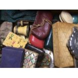 Vintage suitcase containing two beaded purses, powder compacts, pair opera glasses and other accesso