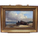 William Collins, oil on board - fisherfolk on the shore, signed, in gilt frame, 24cm x 39cm