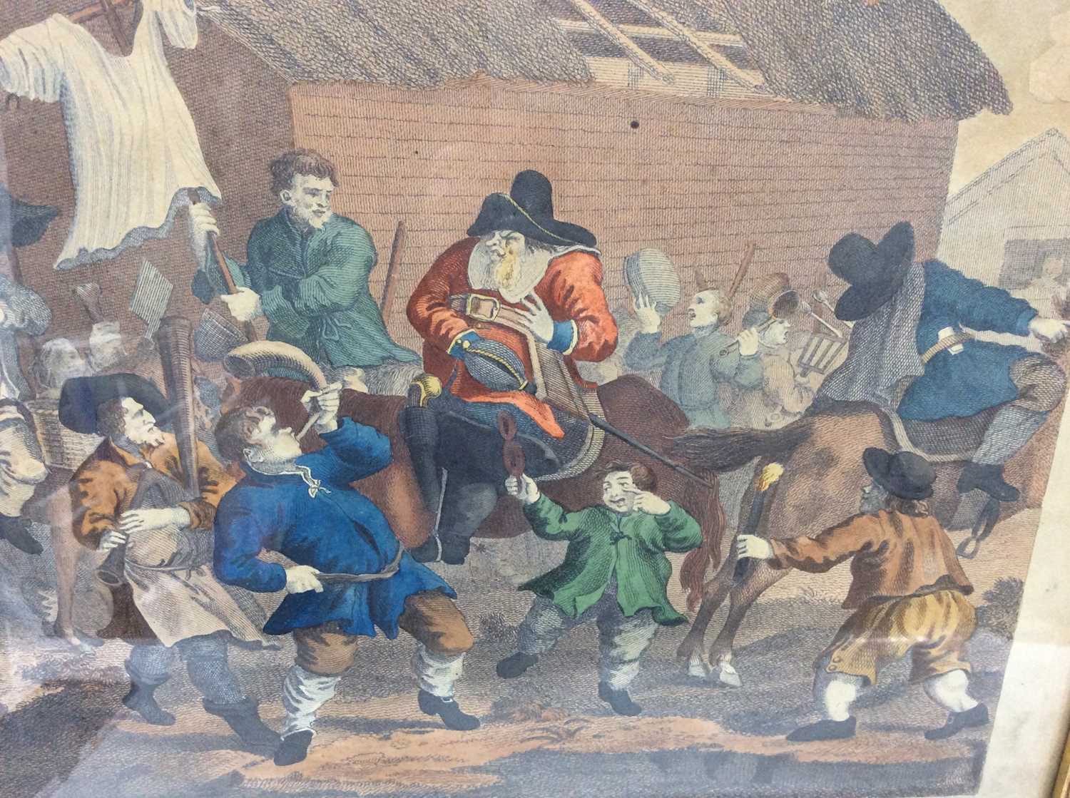 19th century William Hogarth hand coloured engraving - Hudibras Encountering the Skimmington, in gla - Image 3 of 8