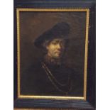 19th century After Rembrandt oil on canvas laid on board- portrait of a gentleman, framed, 24cm x 19