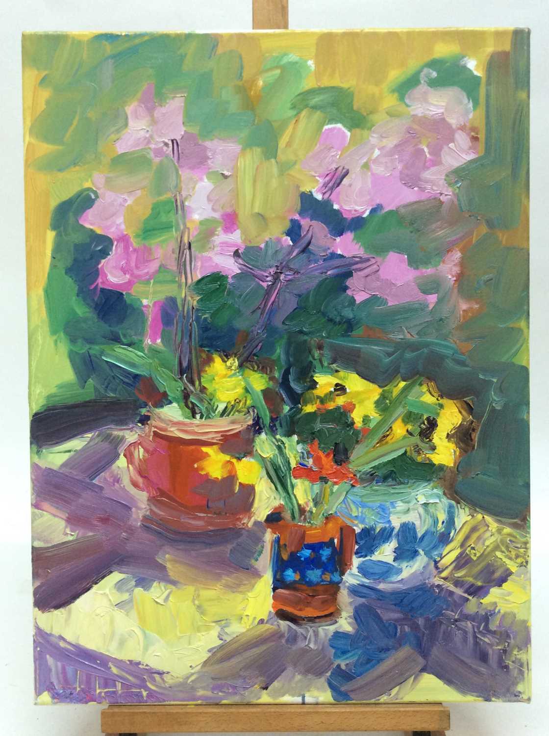 Annelise Firth (b.1961) oil on canvas - Still life flowers in vessels, signed and dated verso, frame