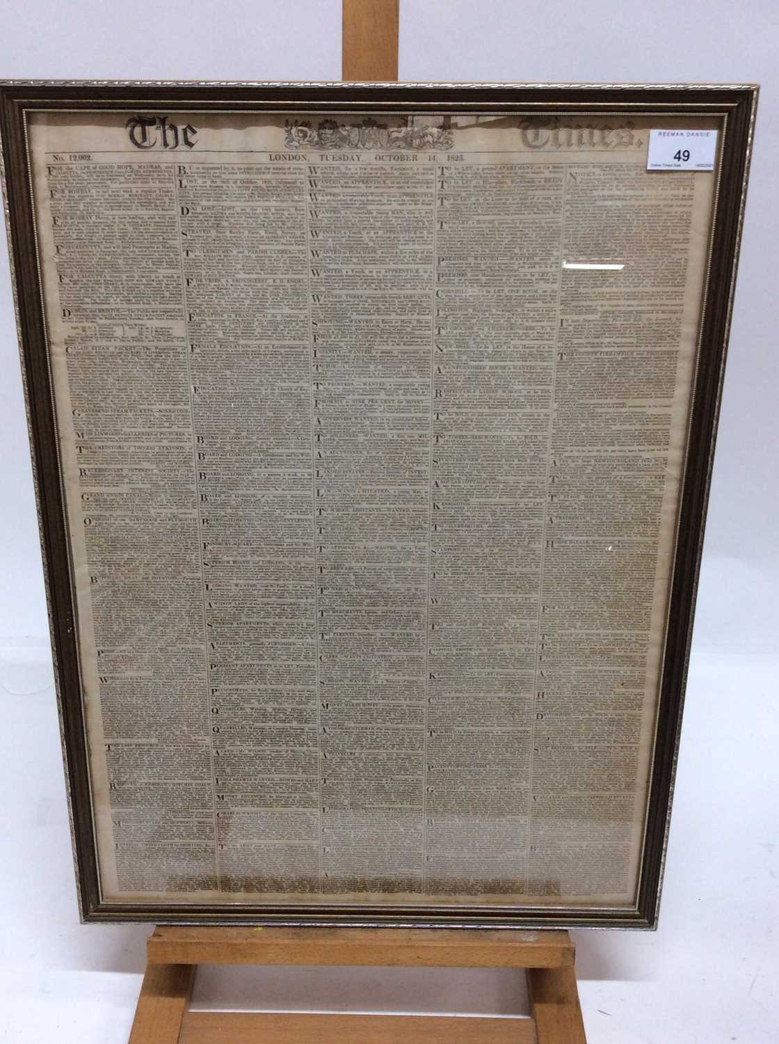 Georgian copy of The Times, Tuesday October 14th, 1823, noting a report of the Peninsula War etc, in