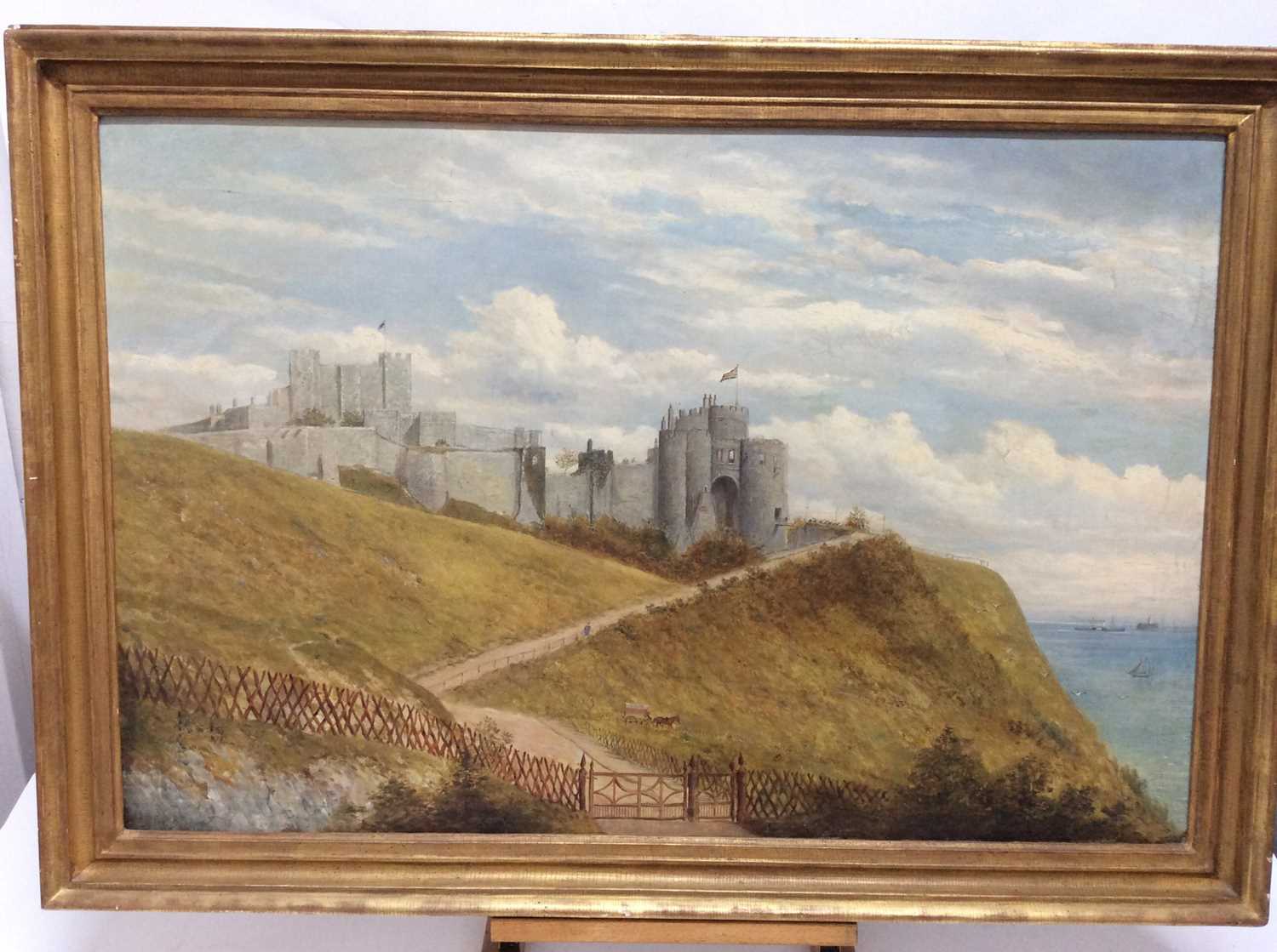 19th century, English School, oil on canvas - a coastal castle, in gilt frame, 60cm x 90cm, framed s