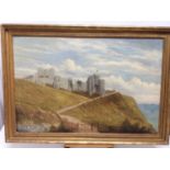 19th century, English School, oil on canvas - a coastal castle, in gilt frame, 60cm x 90cm, framed s