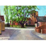 David Britton, contemporary, oil on board - West Mersea Church and Lime Tree, signed, framed, 51cm x