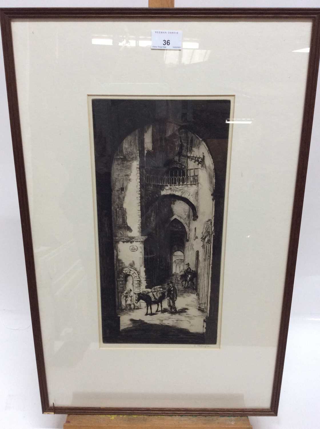 Sidney Tushingham (1884-1968) signed black and white etching - Continental Street, in glazed frame,