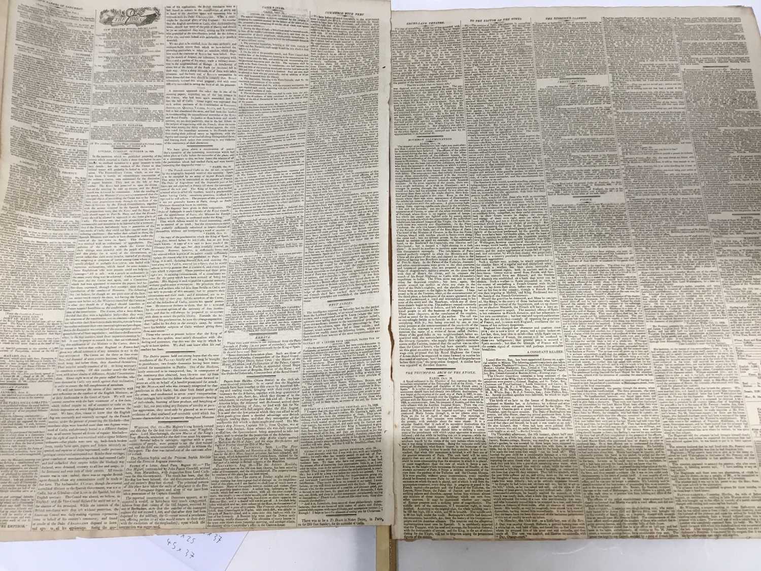 Georgian copy of The Times, Tuesday October 14th, 1823, noting a report of the Peninsula War etc, in - Image 7 of 8