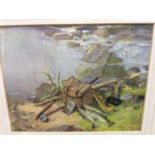 Vernon Ward, coloured print - fishing on a bank, in glazed frame