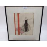 Mari Simon, Art Deco coloured print - a stylish lady smoking between pillars, in glazed frame, 26cm