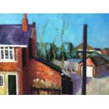 David Britton, contemporary, oil on board - Red Brick House, signed, framed, 50cm x 61cm
