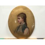 Late 19th century English School oval oil on panel - portrait of a lady, on gilt painted background,