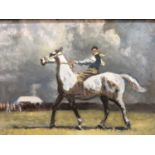 Manner of Alfred J. Munnings oil on board- stable boy on a grey hunter with crowd beyond, in black f