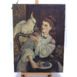 Early 20th century English School oil on canvas - a girl with her pet cockatoo and terrier, unframed