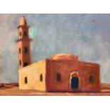 David Britton, contemporary, oil on board - Mosque with Minaret, signed, framed, 44cm x 59cm