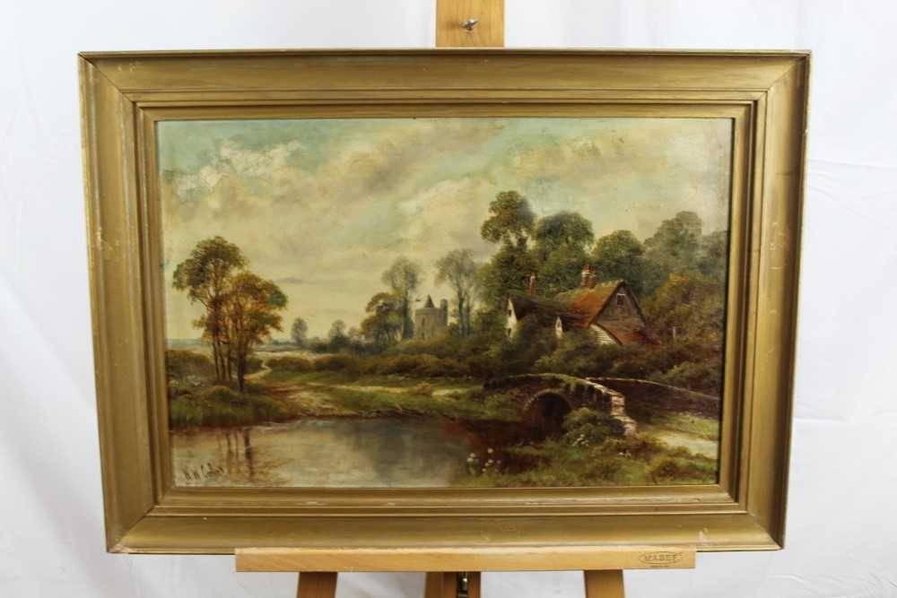 Walter Waller Caffyn (1870-1958), oil on canvas, a river landscape with a bridge in the foreground, - Image 2 of 23