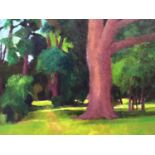 David Britton, contemporary, oil on board - Garden in Horkesley, signed, framed, 45cm x 56cm