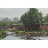 Roger Fisher (1919-1993) oil on board - River Monnow at Monmouth, signed, also signed and dated vers