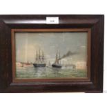 Late 19th/early 20th century English School oil on board - shipping in a harbour, in glazed frame, 1