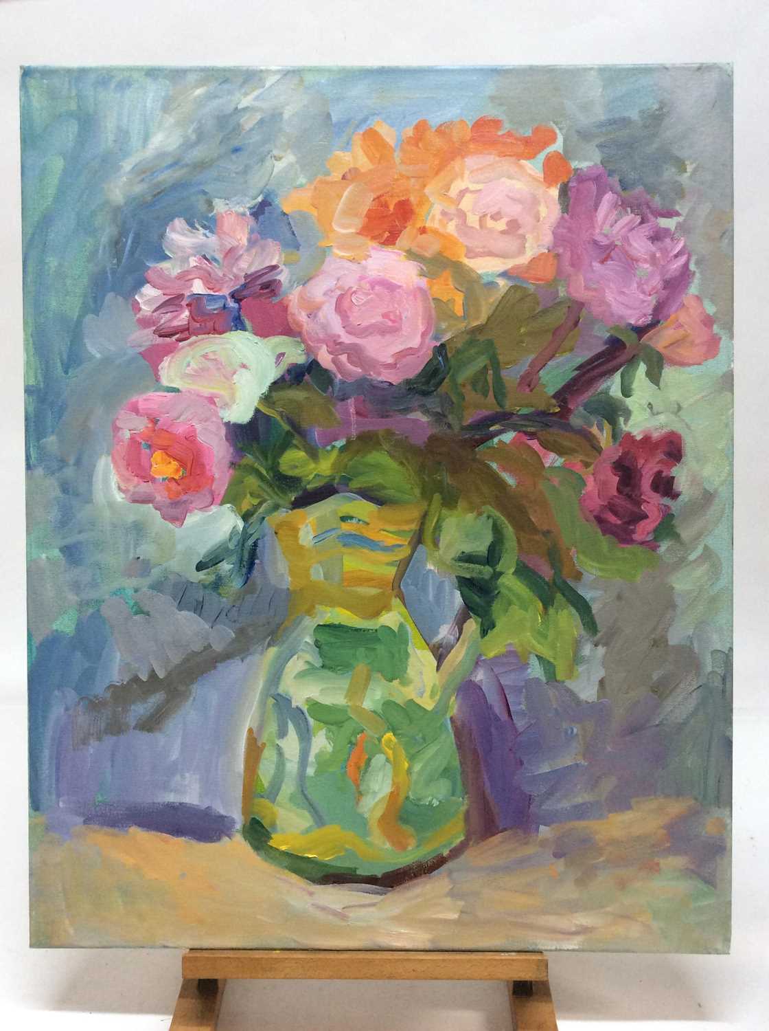 Annelise Firth (b.1961) oil on canvas - Jug of Roses and Peonies, signed and dated verso, 76cm x 61c