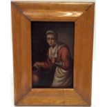 19th century Dutch School oil on panel- Serving maid with jug of ale, in maple frame, 14cm x 10cm