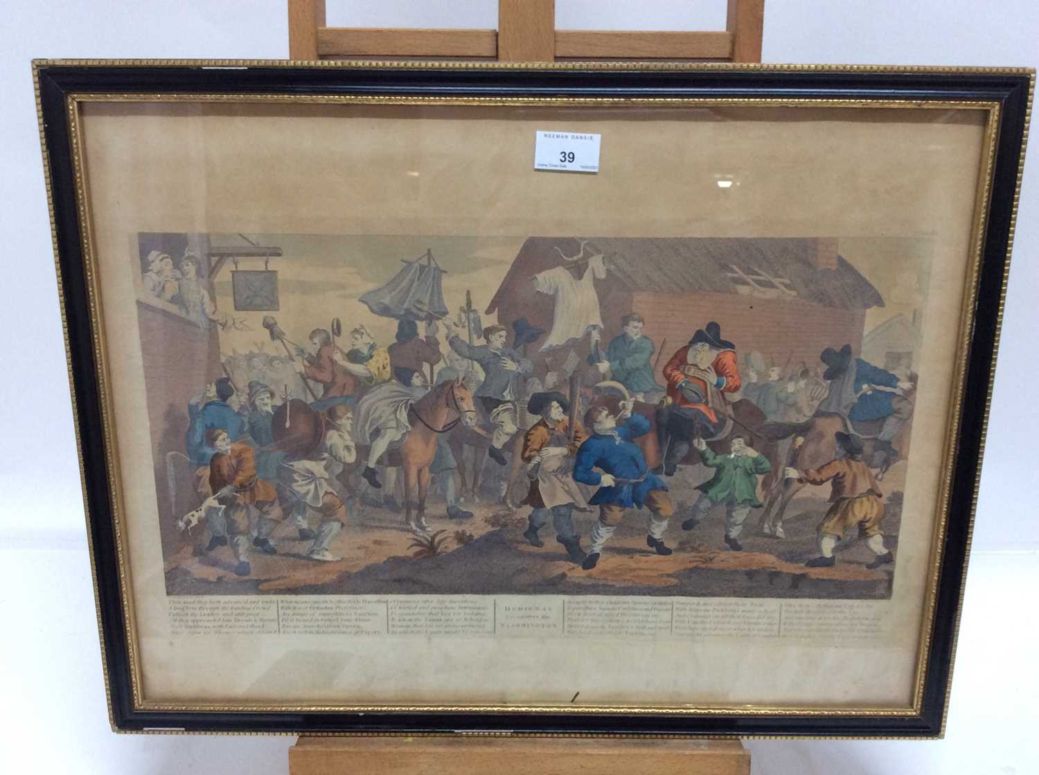 19th century William Hogarth hand coloured engraving - Hudibras Encountering the Skimmington, in gla